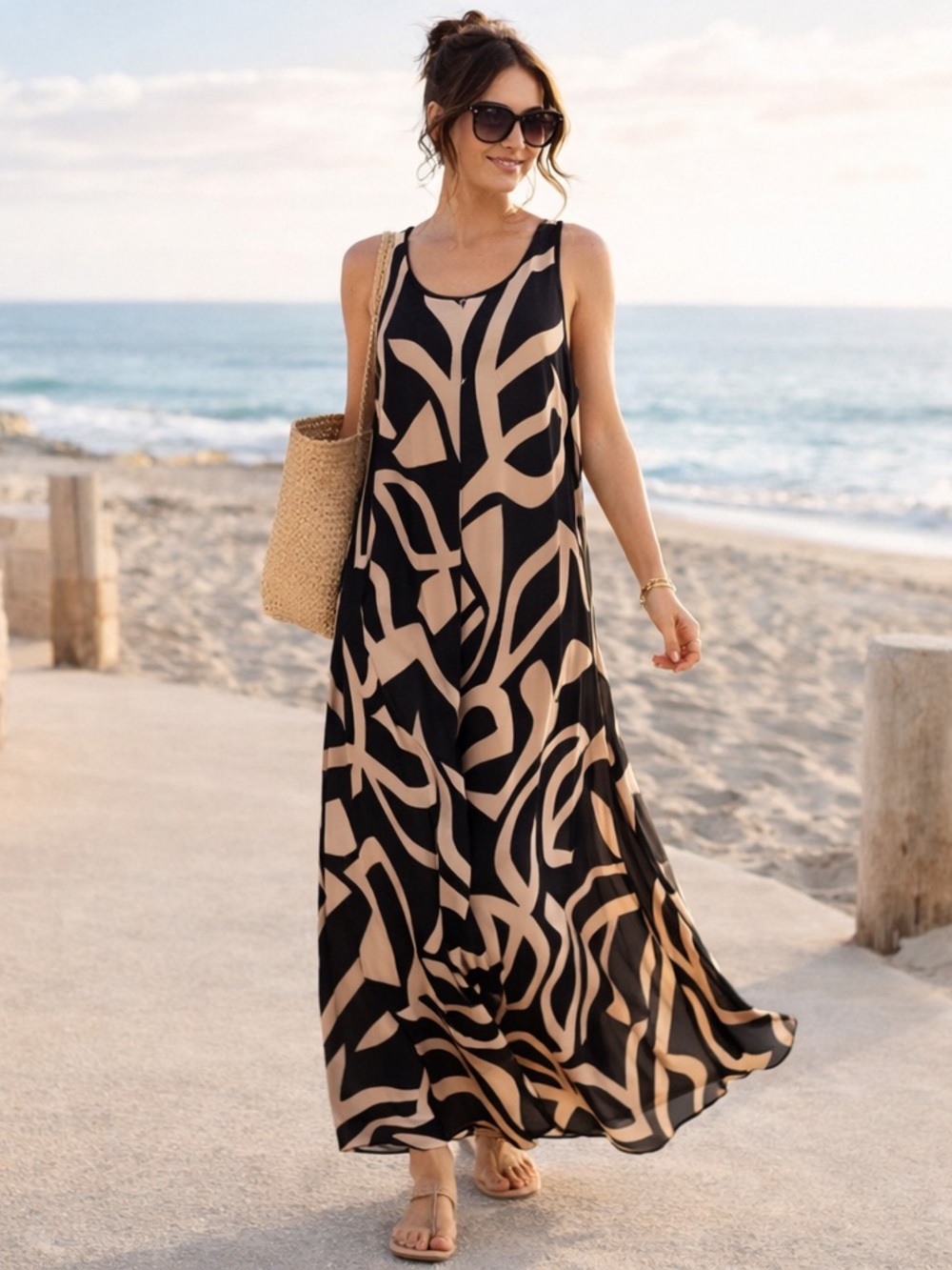 House of Harlow 1960 Black Tan Abstract Maxi Dress Sleeveless M NWT